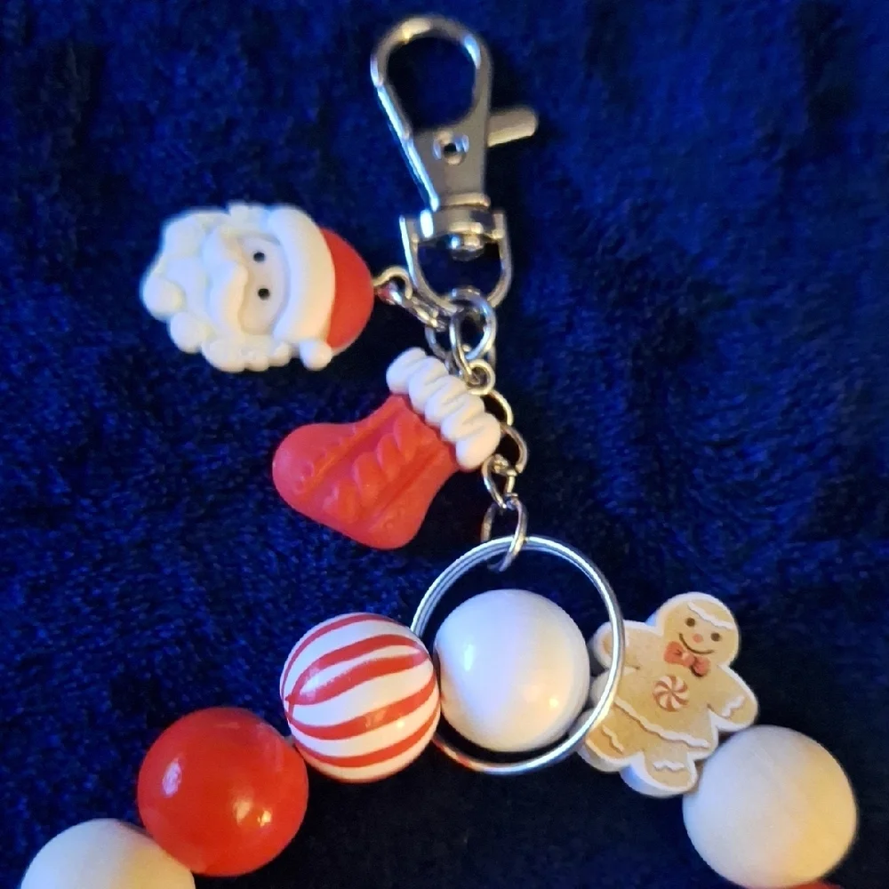 Festive Holiday Red and White Beaded Keychains Bracelets